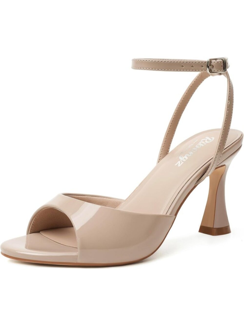 Women's Nude Patent Open Toe Kitten Chunky Block Heel Ankle Strap Buckle Sandals